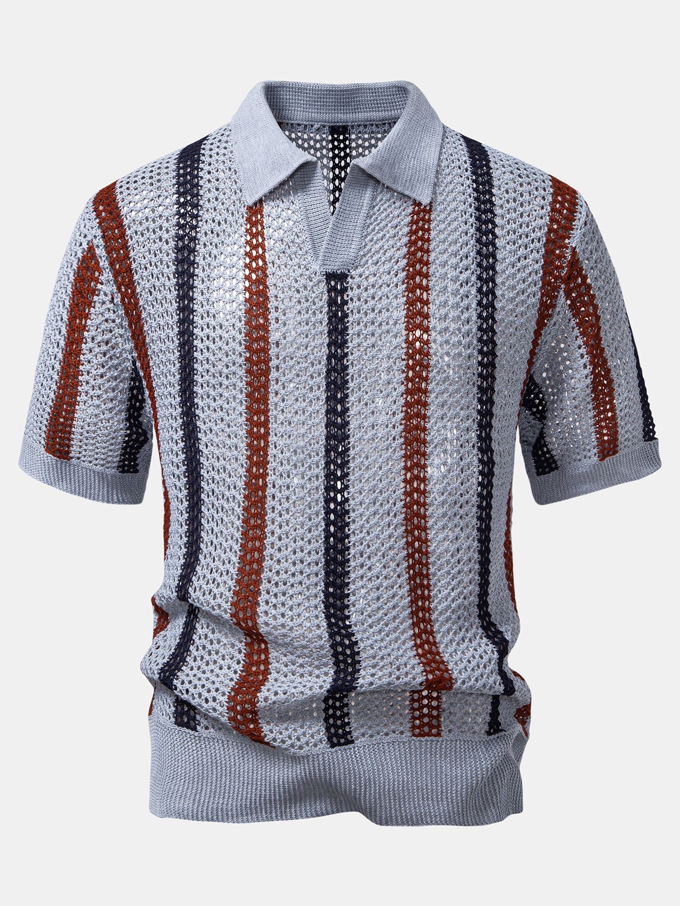 Striped Crocheted V-Neck Polo