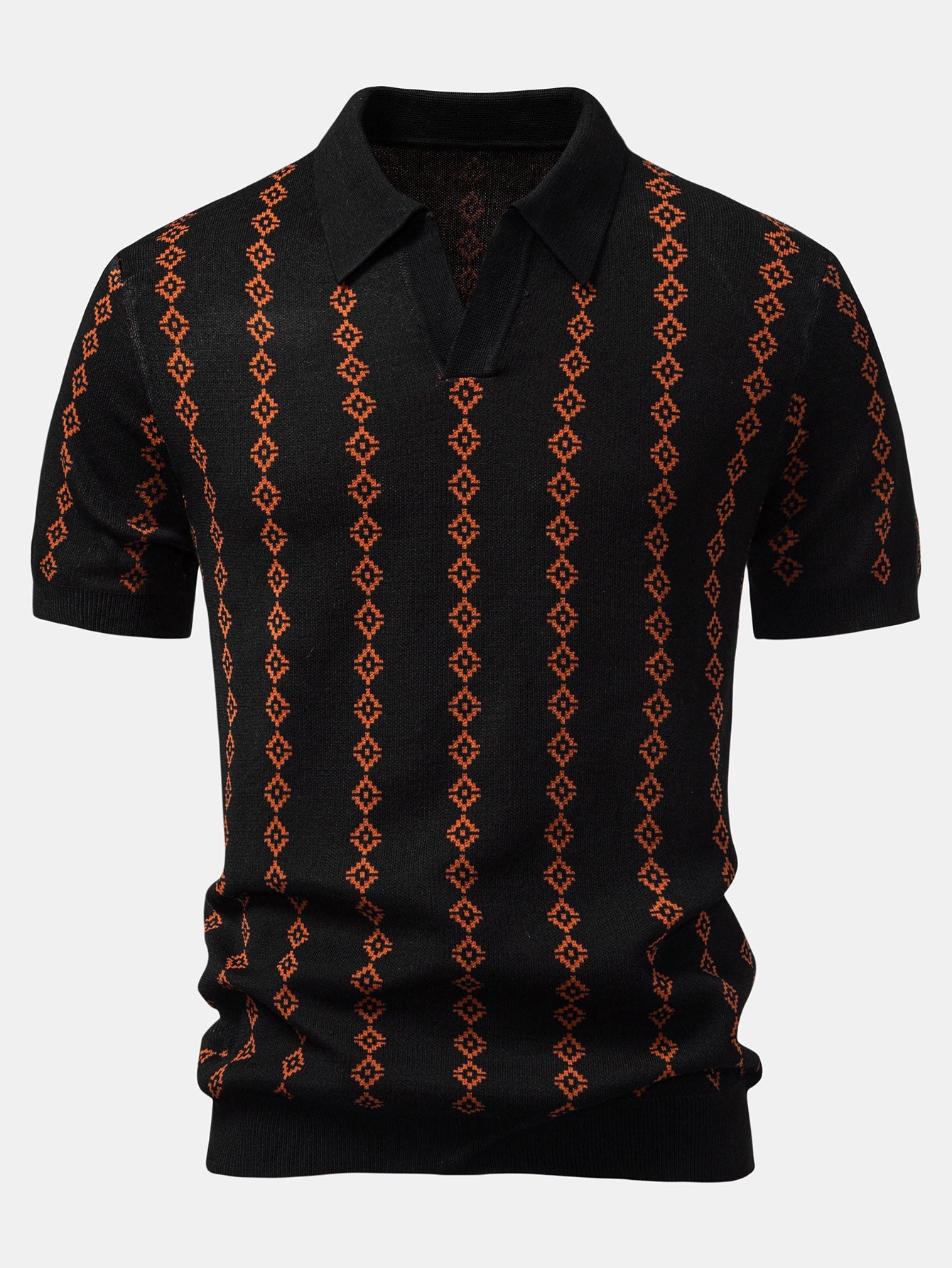 Geometric Knitted V-Neck Polo Shirt