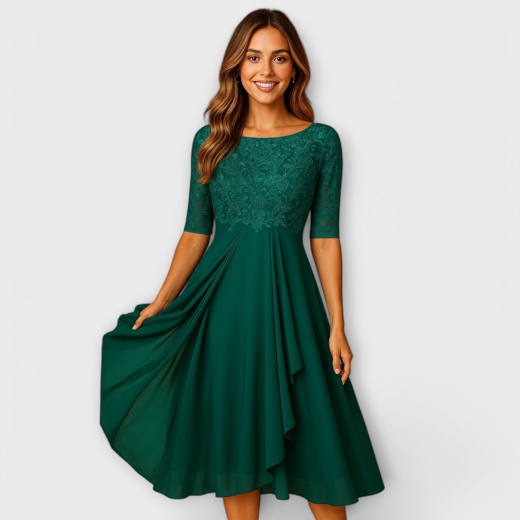 Karine™ - ELEGANT MIDI DRESS WITH LACE SLEEVES