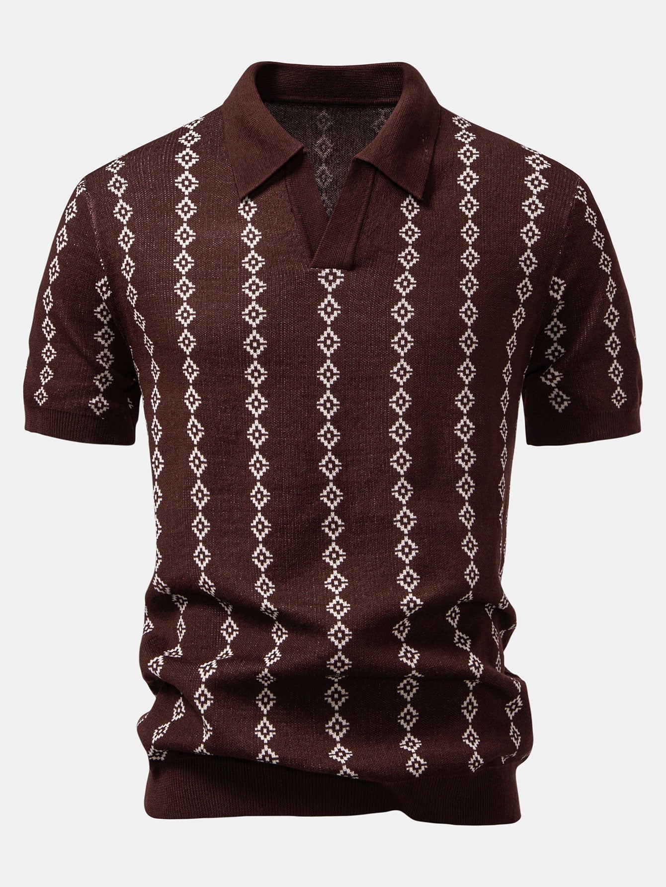Geometric Knitted V-Neck Polo Shirt