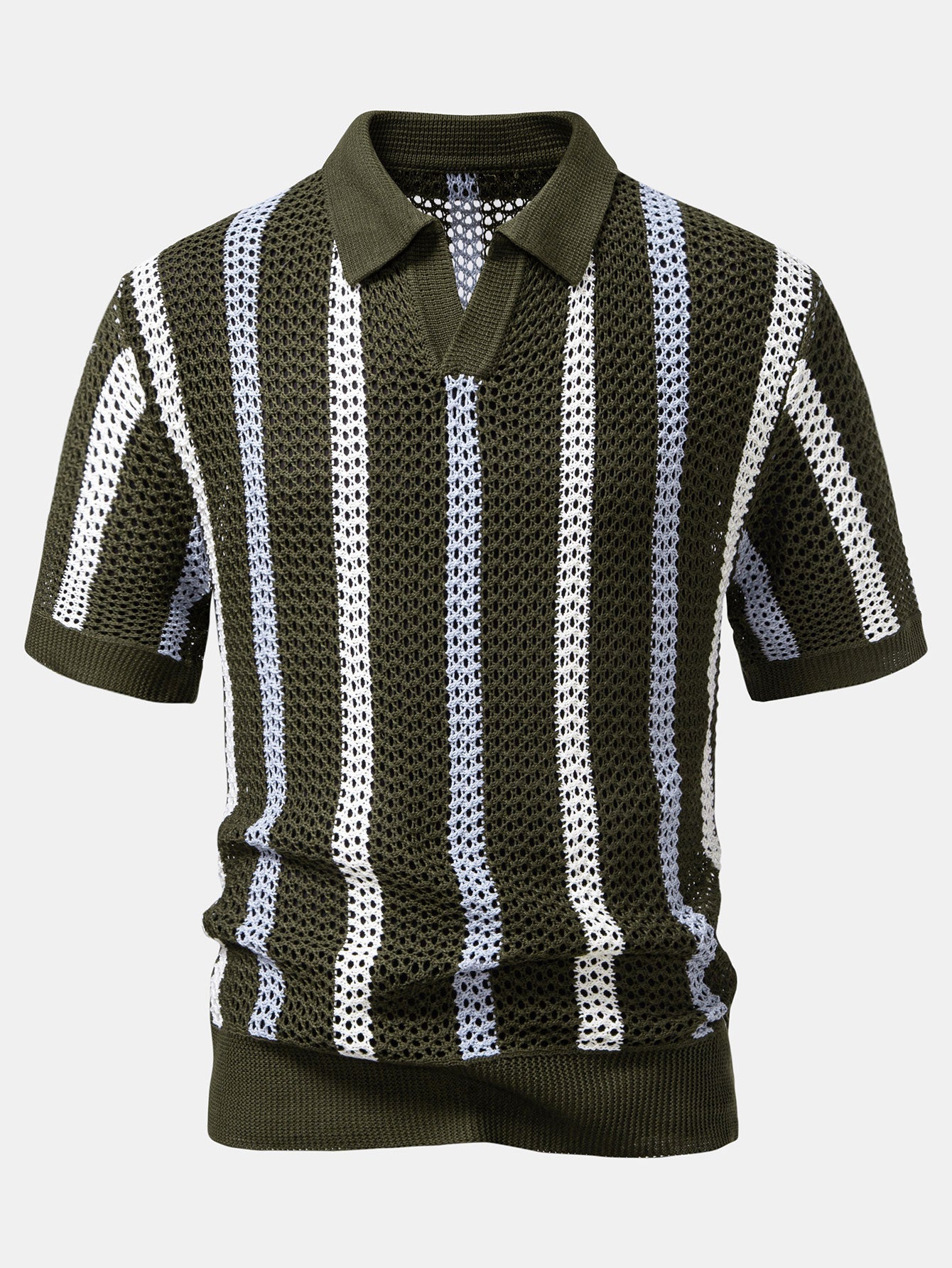 Striped Crocheted V-Neck Polo