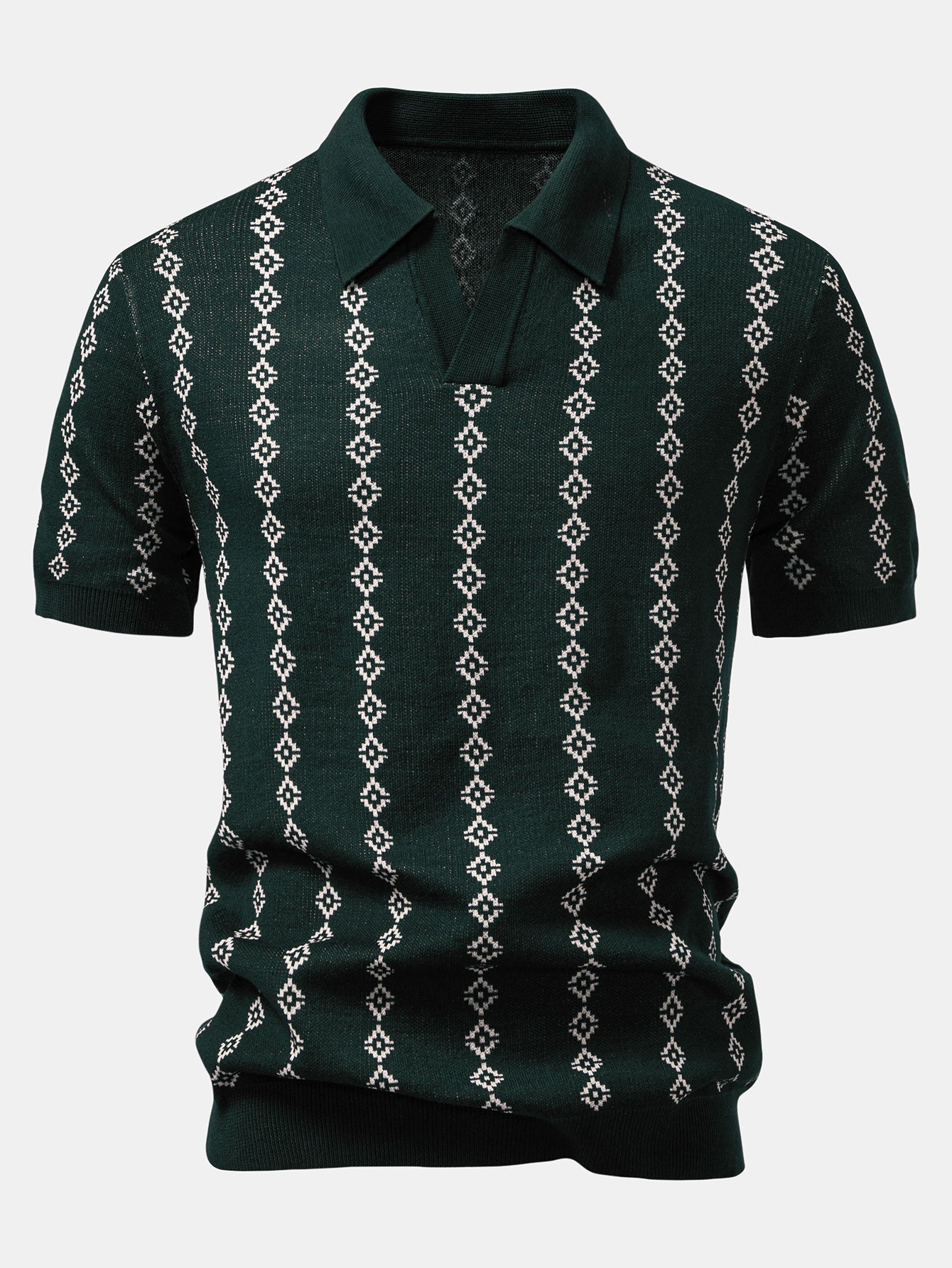 Geometric Knitted V-Neck Polo Shirt
