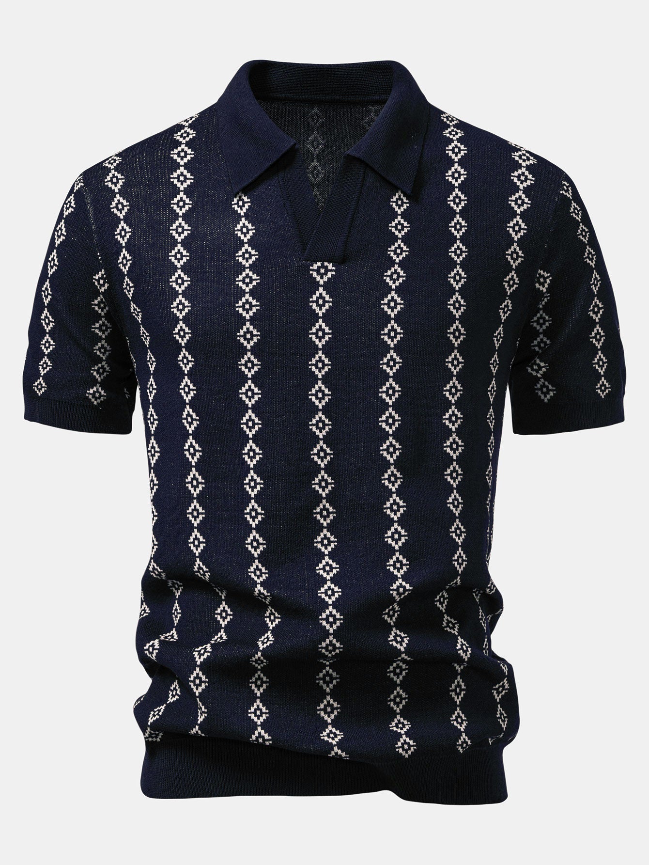 Geometric Knitted V-Neck Polo Shirt