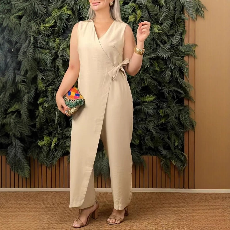 Nova™ – SOLID COLOR V-NECK TIE-UP JUMPSUIT