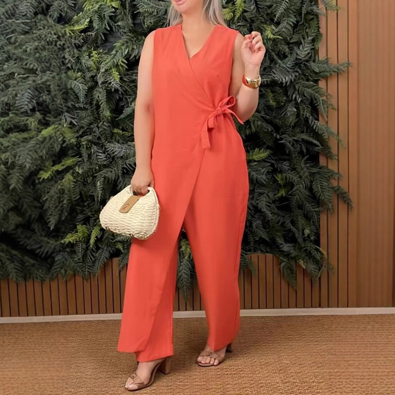 Nova™ – SOLID COLOR V-NECK TIE-UP JUMPSUIT