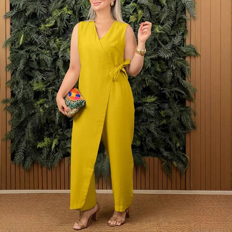 Nova™ – SOLID COLOR V-NECK TIE-UP JUMPSUIT
