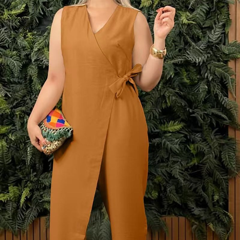 Nova™ – SOLID COLOR V-NECK TIE-UP JUMPSUIT